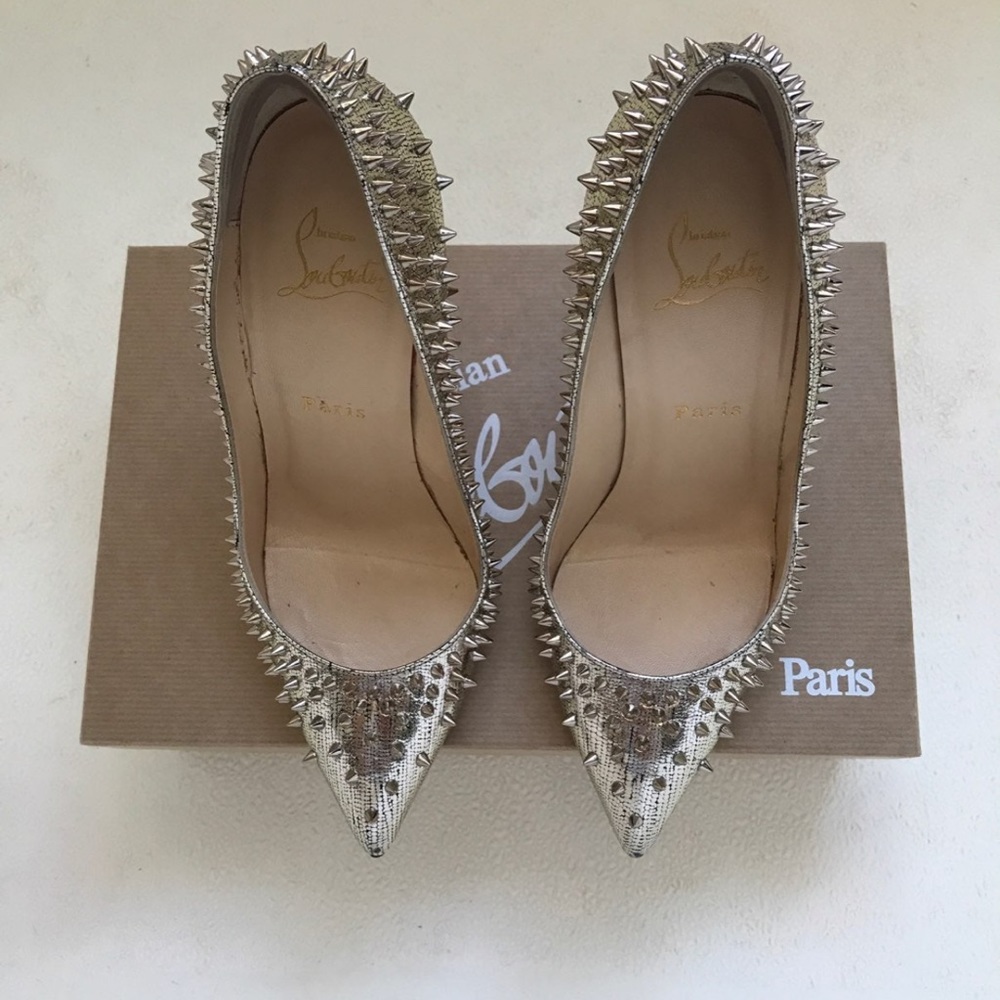 Christian Louboutin Escarpic 100mm Lame Mercure, Platine/Colombo Met, size 37